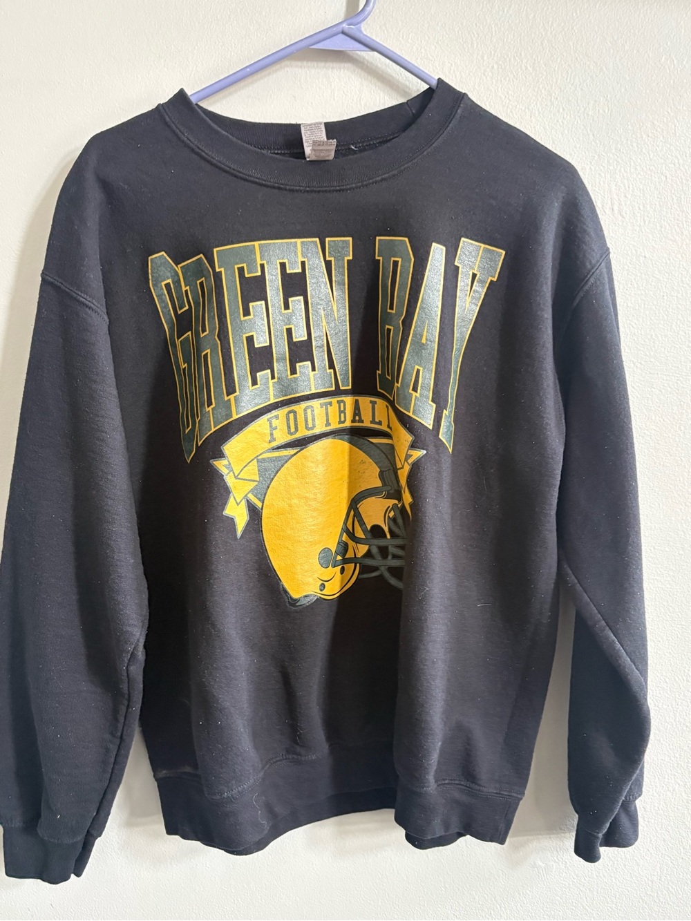 Black Crewneck Sweatshirt with Yellow Green Bay Football Graphic medium